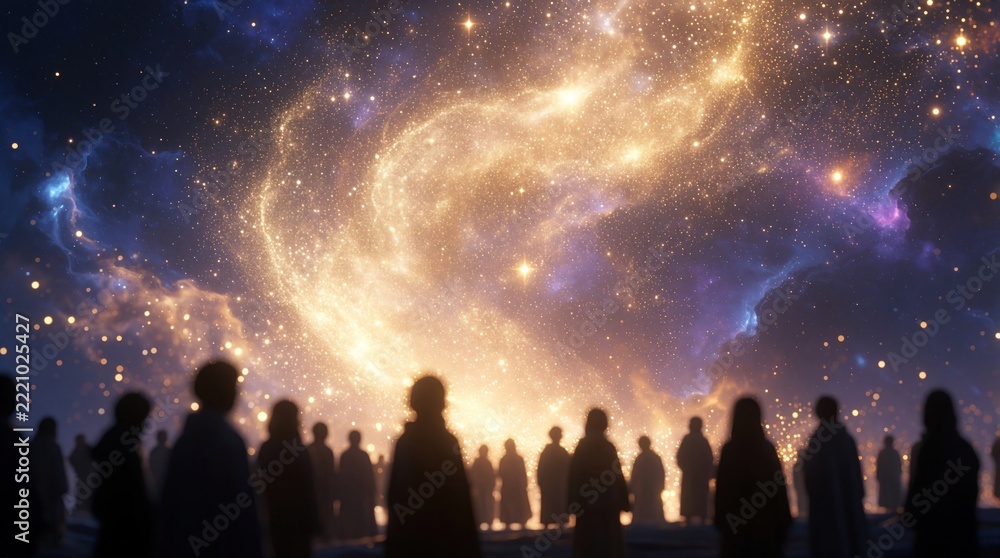 Fototapeta premium Silhouettes of people watch bright cosmic nebula in night sky. Glowing golden stars, galaxy clouds shine over crowd. Group of humans observe celestial light show during spiritual ritual winter