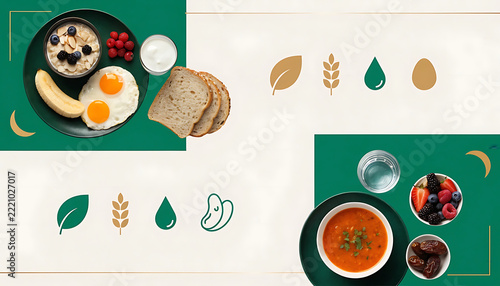 Ramadan nutrition infographic with healthy suhoor and iftar meal