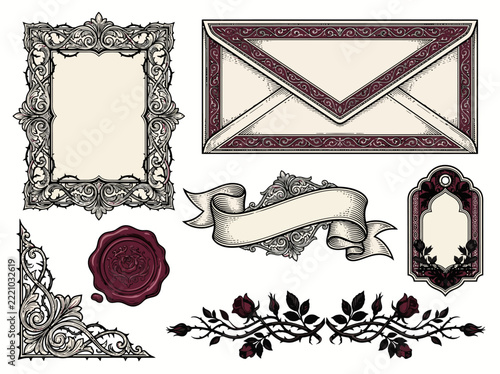 Vintage Victorian Gothic Stationery Design Elements with Ornate Frames and Rose Accents