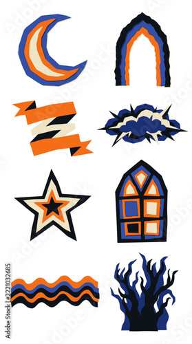 Vector Collection of Gothic Halloween Design Elements Featuring Celestial and Architectural Motifs in Contrast Colors