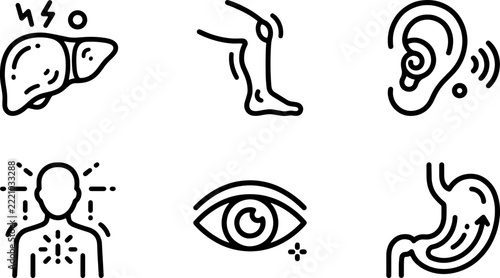 Medical anatomy line icons representing various human internal organs and pain