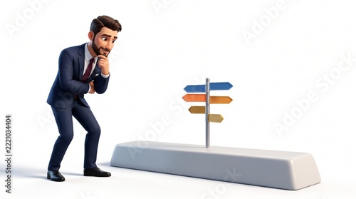 3D businessman mascot hesitant at signpost on spacebar