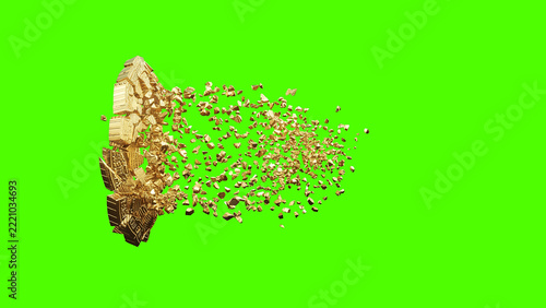 Golden Bitcoin Coin Slowly Disintegrating into Tiny Particles on Green Screen. 3 rendering.