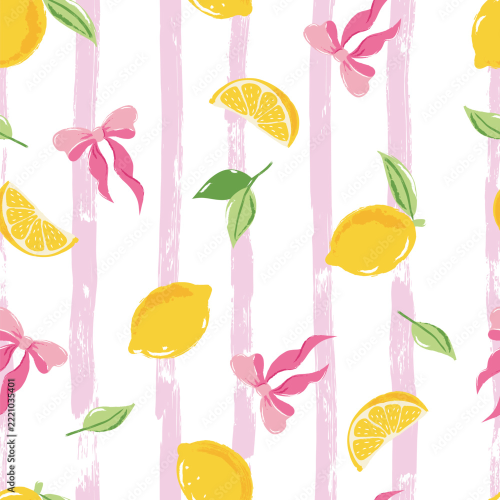 Fototapeta premium Vector sweet summer seamless pattern with lemons and pink bows. Hand drawn design with tropical citrus fruits, slices and leaves on striped background. Wrapping paper, fashion textile print design