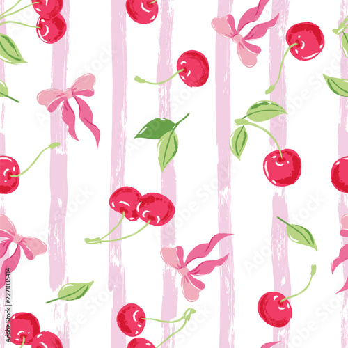 Vector sweet summer seamless pattern with cherries and pink bows. Hand drawn design with red berries and leaves on striped background. Wrapping paper, fashion textile print design