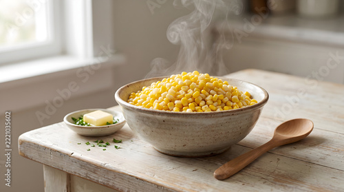 A steaming bowl of delicious hot bi color corn kernels served with butter on a rustic wooden table in kitchen