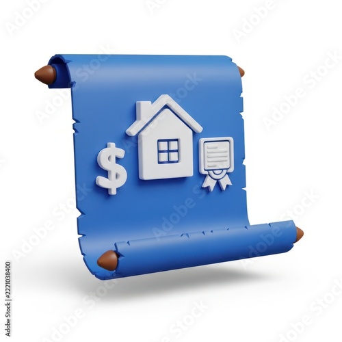 Blue scroll with house, money, and document icons