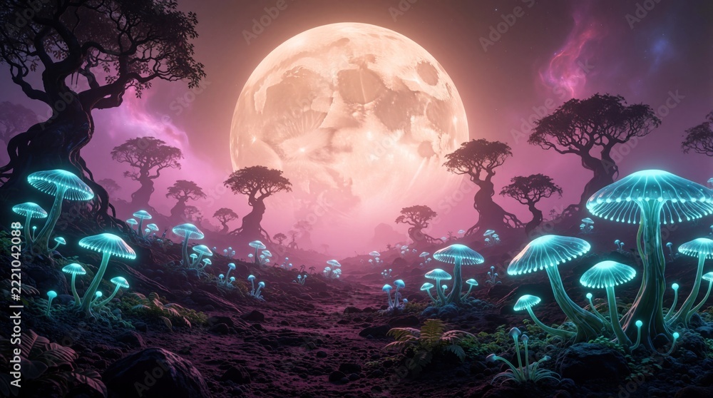Fototapeta premium Bioluminescent mushrooms grow on alien planet surface under massive glowing moon. Fantasy landscape features strange flora, dark trees in cosmic nebula. Sci fi extraterrestrial environment with neon