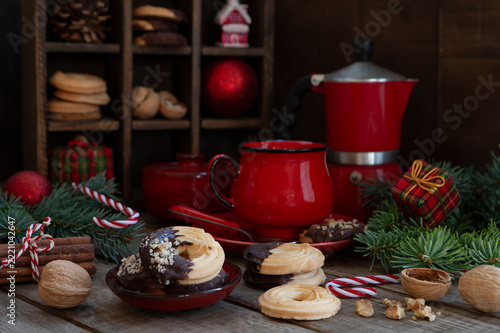 Traditional German Spritzgeback Christmas Cookies with Chocolate and Nuts