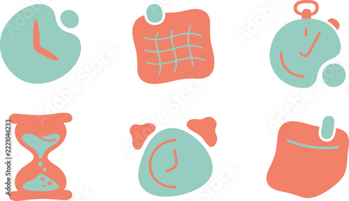 Playful hand-drawn icons of clocks, calendar, and hourglass in pastel blue and coral colors.