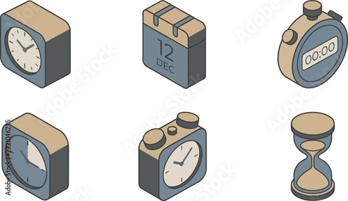 Set of isometric timekeeping icons in muted colors for digital applications and design projects.