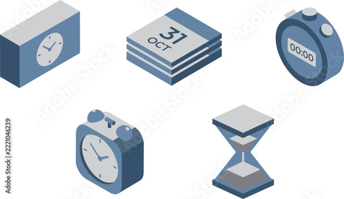 Isometric collection of blue and grey timekeeping objects and calendar for business presentations.