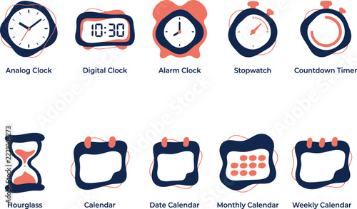 Collection of flat icons representing different timekeeping devices and calendar types, with navy blue and coral accents.