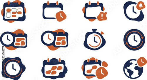 Modern flat icons for time and calendar management with navy and orange color scheme.