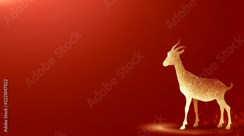 Golden goat silhouette glowing on deep red background for Chinese New Year