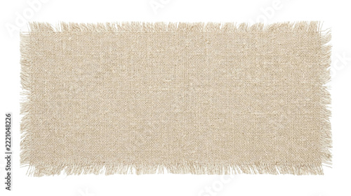 Rectangular piece of natural beige burlap fabric with frayed edges isolated on white background