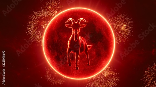 Red goat illustration glowing inside a circle with fireworks for Chinese New Year
