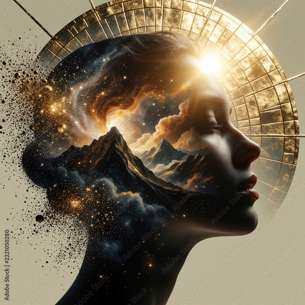 Fototapeta premium Surreal profile of woman with cosmic landscape inside head. Mountains, clouds, golden stars fill mind. Human silhouette blends with celestial space, galaxy energy. Spiritual concept of consciousness,
