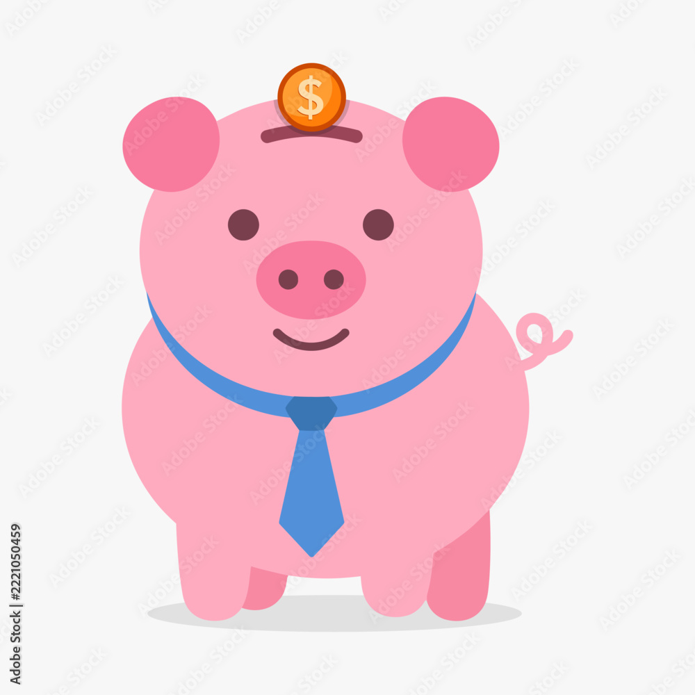 Fototapeta premium Cute pink piggy bank wearing formal blue necktie with gold dollar coin on top. Flat vector illustration for corporate savings, executive banking, financial management, and deposit.