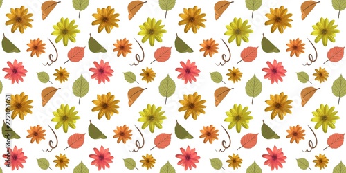 Horizontal seamless pattern of natural flowers on a white background.