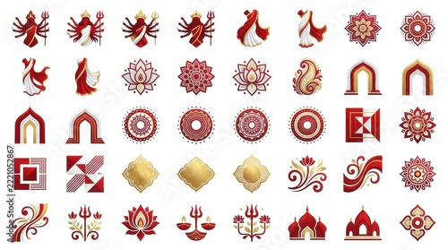 An elaborate collection of antique architectural details and richly colored decorative designs featuring reds and golds