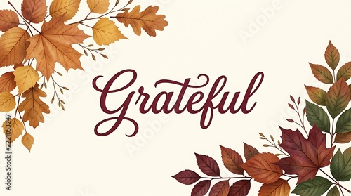 Elegant watercolor lettering of the word grateful surrounded by autumn leaves