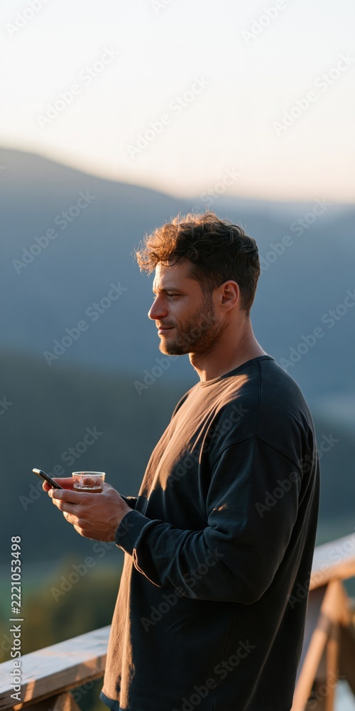 Fototapeta premium Man on balcony holding phone and drink in golden hour on mountain retreat for lifestyle background and travel banner