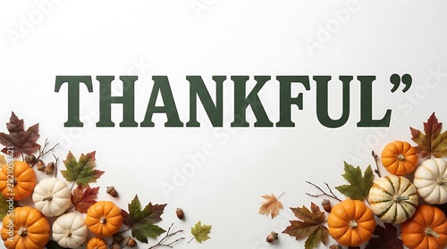 Thankful text with autumn pumpkins and colorful fall leaves on a white background