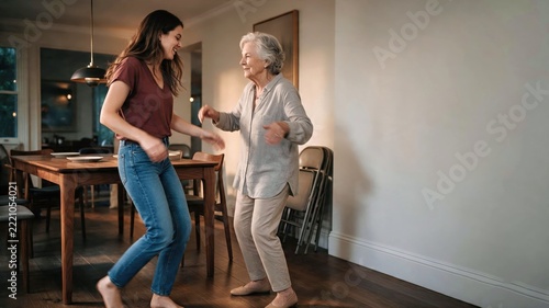 Family sharing a moment in a modern living room with an older couple for warm home lifestyle advertising.
