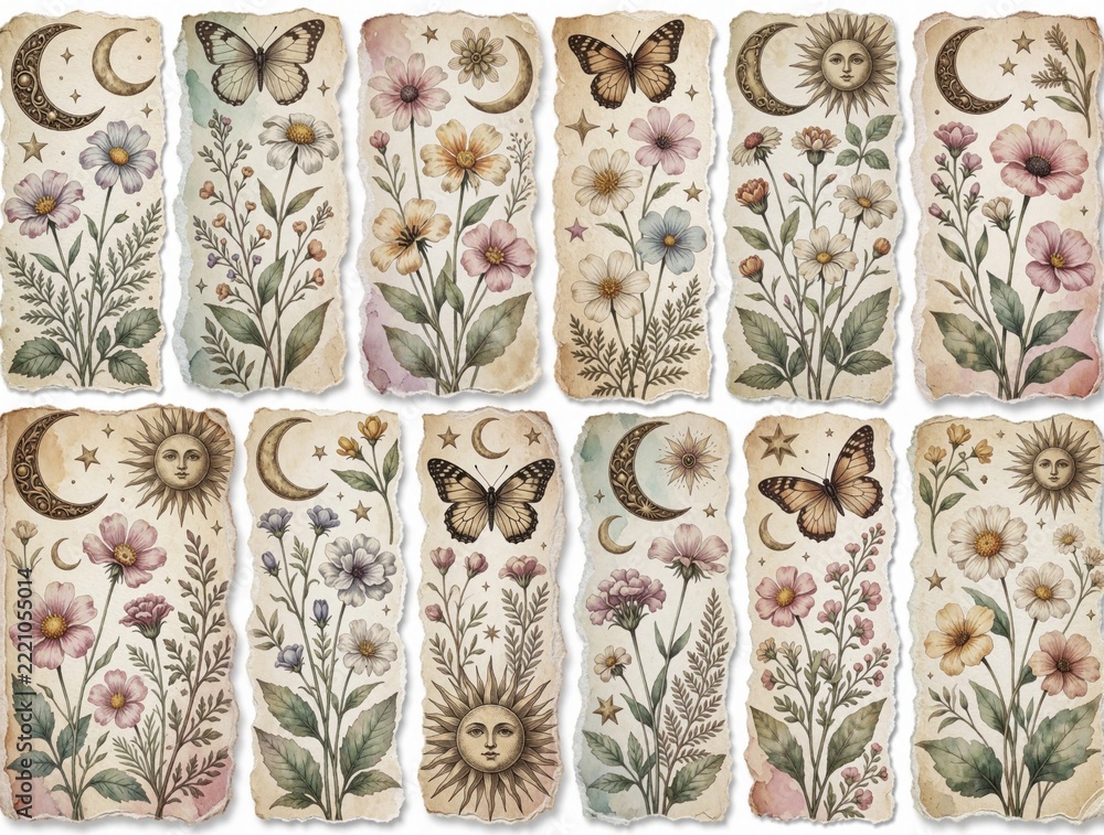 Fototapeta premium Vintage botanical collage with torn paper strips. Retro floral design features wildflowers, butterflies, moons, sun motifs. Aesthetic celestial elements like stars, constellations decorate antique