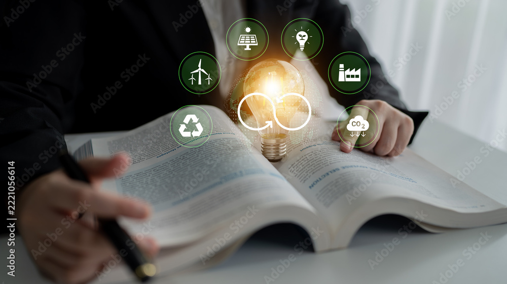 © InfiniteFlow - An image showcasing a light bulb representing innovation in sustainability over an open book, surrounded by icons symbolizing renewable energy and environmental awareness. Cyphers © InfiniteFlow - An image showcasing a light bulb representing innovation in sustainability over an open book, surrounded by icons symbolizing renewable energy and environmental awareness. Cyphers