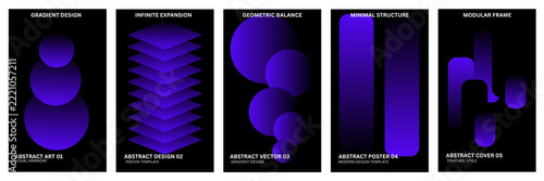 Dark Violet Purple Gradient Poster Set, Abstract Modern Cover Artwork with Stacked Spheres, Isometric Diamond Tower, and Rounded Columns