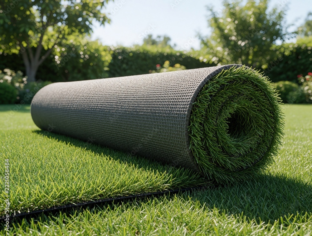 Naklejka premium Roll of green artificial turf on backyard lawn. New synthetic grass mat for garden landscaping renovation. Home improvement project involves installing fake grass surface for exterior yard design.