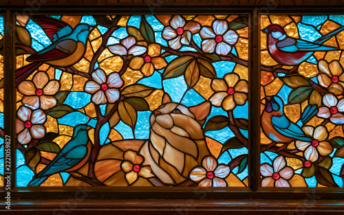 A stained glass panel features a cat looking up, surrounded by birds and flowers in warm amber and blue tones, showcasing detailed glass segments