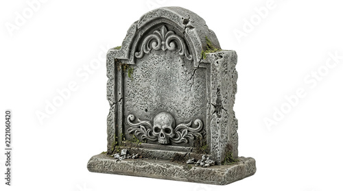 Obraz na plátně Ancient weathered stone tombstone with skull and moss details