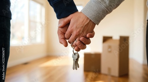 Married couple holding keys to new house on moving day beside cardboard boxes.