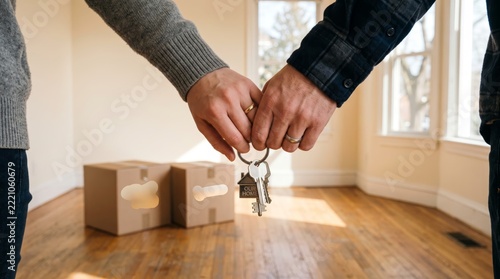 Couple with wedding rings holding house keys with OUR HOME keychain together in empty room with moving boxes.