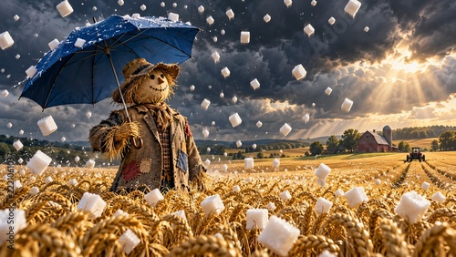 Scarecrow holding an umbrella over a wheat field while sugar cubes fall like hail under a stormy sky