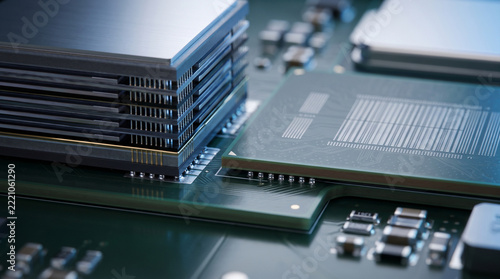 Macro close up of accelerator and memory module hardware components providing an impressive feeling of advanced high speed computing technology