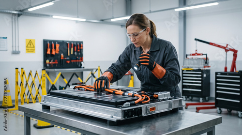 Focused technician inspecting electric vehicle battery pack module in workshop with professional equipment and serious concentration