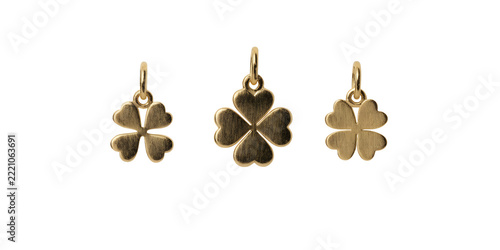 Set of gold four leaf clover charms isolated on transparent background