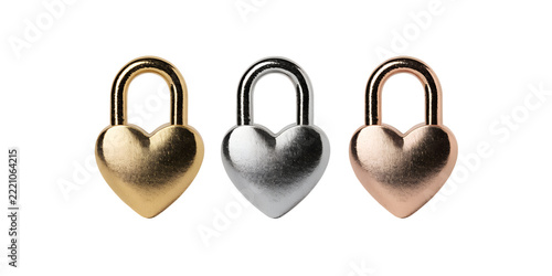 Set of gold silver and rose gold heart padlocks isolated on transparent background