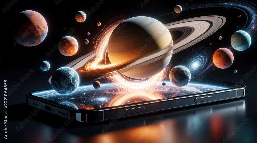 Fototapeta premium Smartphone displays glowing black hole, orbiting planets in deep space. Digital holographic solar system with Saturn, Earth, cosmic nebula emerges from mobile screen. Futuristic tech concept shows