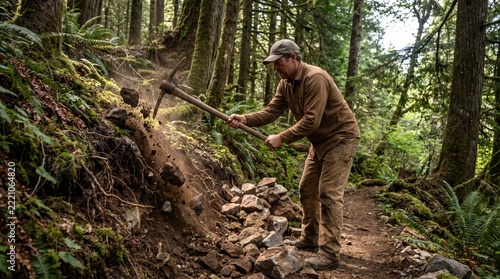 Trail builder swinging a pick-mattock to cut a narrow level path into a steep forested hillside as soil and roots fall away