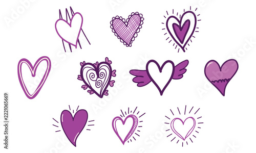 Hand drawn purple heart doodle set, sketchy love symbol stickers and romantic patterned heart illustrations isolated on white background