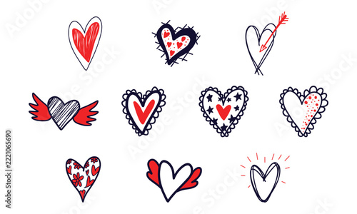 Hand drawn red and black heart doodle set, sketchy cupid arrow and winged love symbols with floral and lace heart illustrations isolated on white background