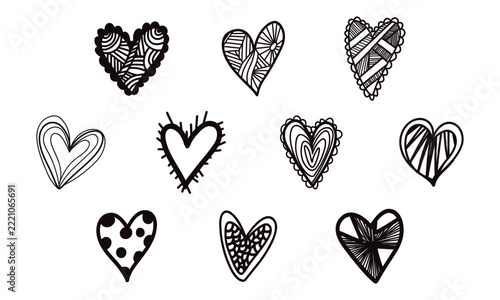 Hand drawn zentangle heart doodle set, black line art love symbols with polka dot and patterned heart illustrations isolated on white background