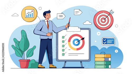 Professional businessman presenting business strategy and marketing goals on a whiteboard in a modern office environment