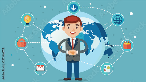 Professional businessman standing in front of a global map with connected digital communication and business technology icons
