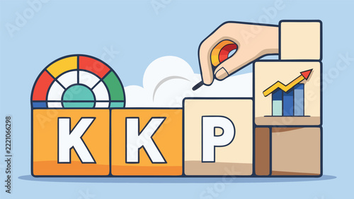Hand stacking wooden blocks to build business growth strategy with financial chart and performance gauge icon in a flat vector illustration